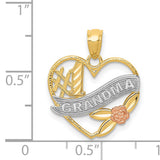 #1 Grandma Words And Rose Flower On Open Heart Shaped Charm Pendant in Real 14k Multi-Tone Gold