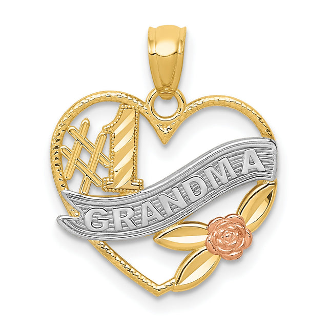 #1 Grandma Words And Rose Flower On Open Heart Shaped Charm Pendant in Real 14k Multi-Tone Gold