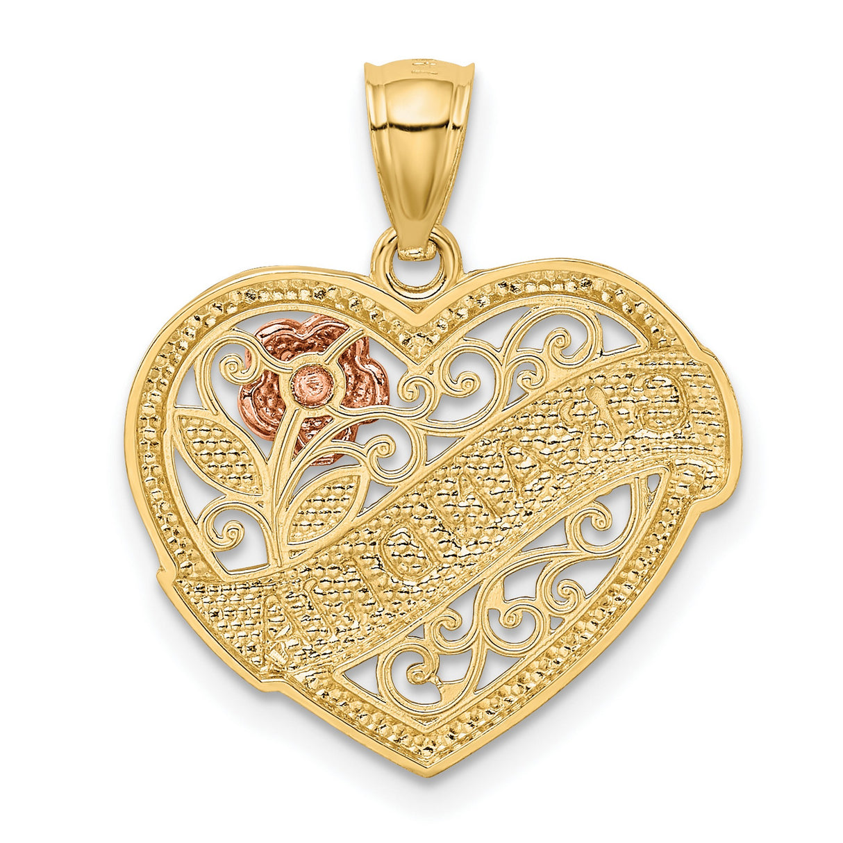 Grandma Word And Rose Flower On Scrolled Heart Shaped Charm Pendant in Real 14k Multi-Tone Gold