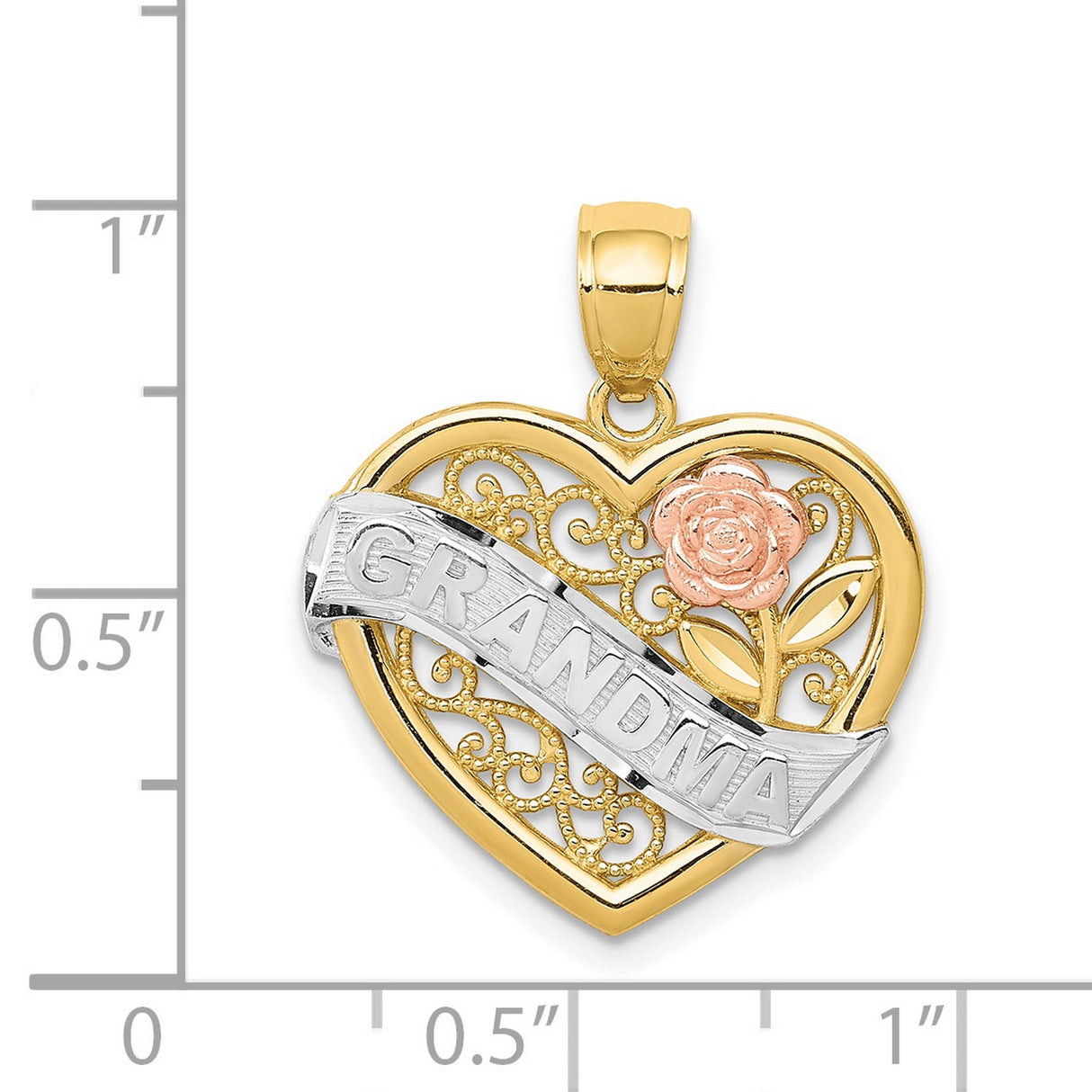 Grandma Word And Rose Flower On Scrolled Heart Shaped Charm Pendant in Real 14k Multi-Tone Gold