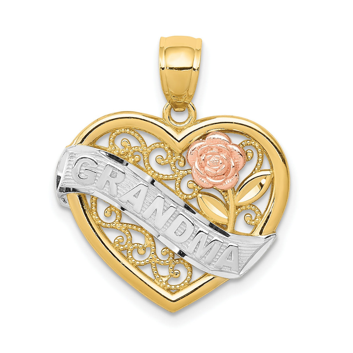 Grandma Word And Rose Flower On Scrolled Heart Shaped Charm Pendant in Real 14k Multi-Tone Gold