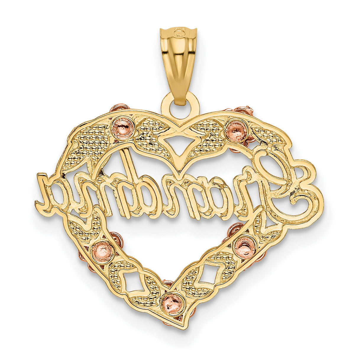 Grandma Word With Five Rose Flowers On Heart Shaped Charm Pendant in Real 14k Multi-Tone Gold