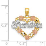 Grandma Word With Five Rose Flowers On Heart Shaped Charm Pendant in Real 14k Multi-Tone Gold