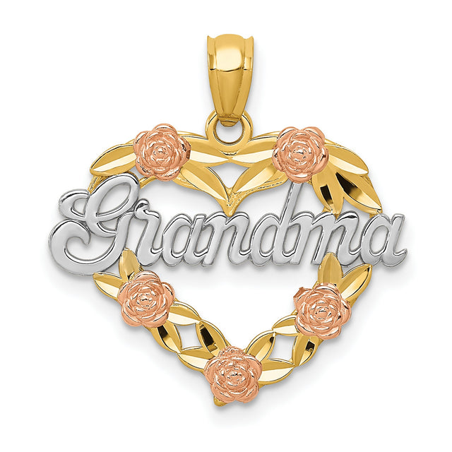 Grandma Word With Five Rose Flowers On Heart Shaped Charm Pendant in Real 14k Multi-Tone Gold