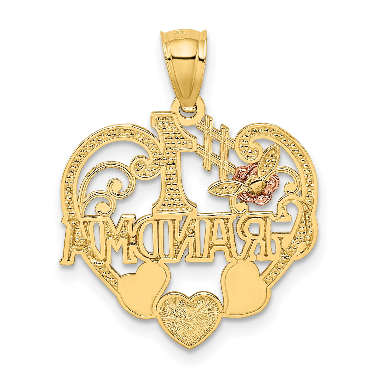 #1 Grandma Words With Rose Flower On Heart Shaped Charm Pendant in Real 14k Multi-Tone Gold