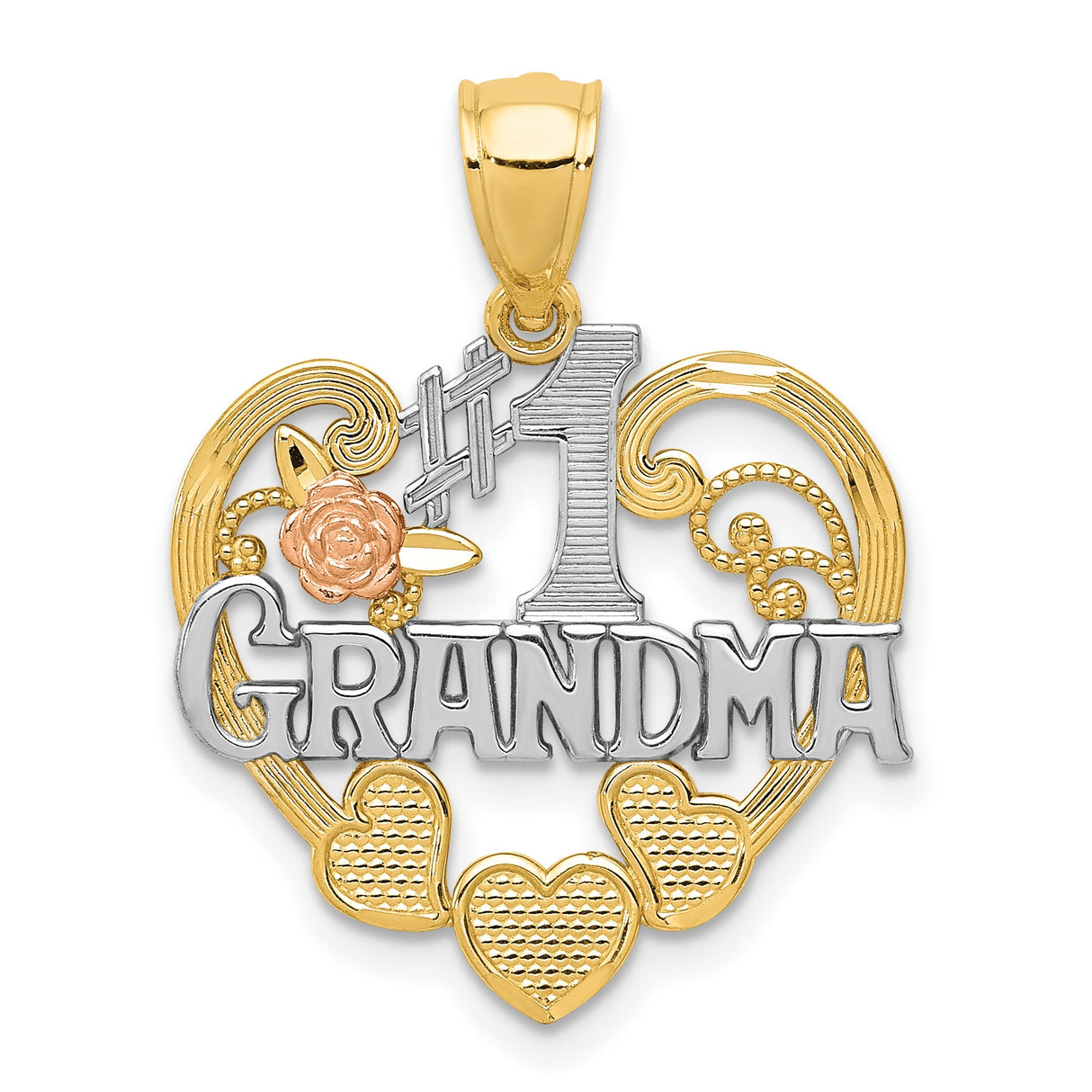 #1 Grandma Words With Rose Flower On Heart Shaped Charm Pendant in Real 14k Multi-Tone Gold