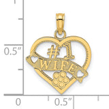 #1 Wife Heart 15x17 mm Charm Pendant in Real 14k Yellow Gold