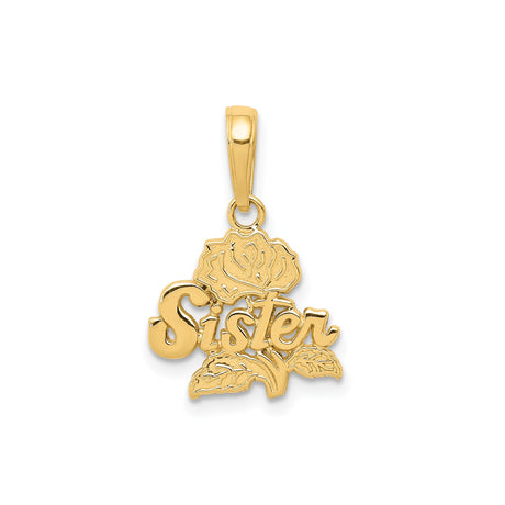 14k Yellow Gold Sister Pendant with Rose Design, Sentimental Family Charm for Women
