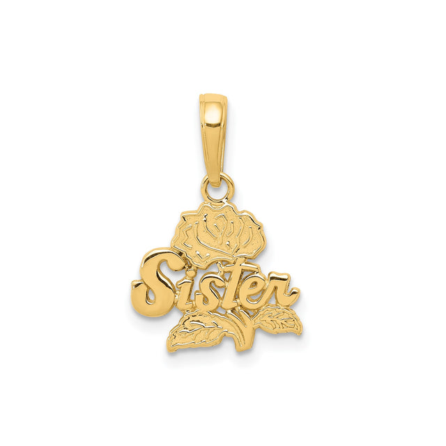 14k Yellow Gold Sister Pendant with Rose Design, Sentimental Family Charm for Women