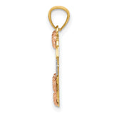 14k Two-Tone Gold Heart Pendant with Rose Gold Flowers and Yellow Gold Leaves, Sister Design