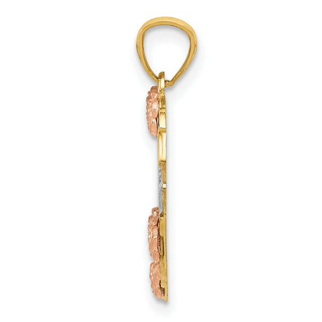 14k Two-Tone Gold Heart Pendant with Rose Gold Flowers and Yellow Gold Leaves, Sister Design