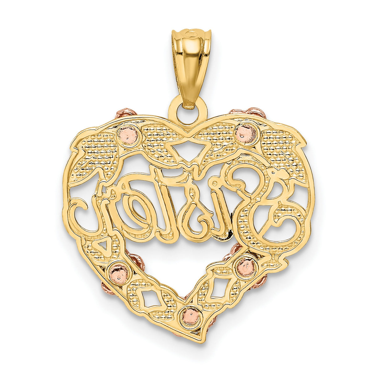 14k Two-Tone Gold Heart Pendant with Rose Gold Flowers and Yellow Gold Leaves, Sister Design