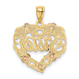 14k Two-Tone Gold Heart Pendant with Rose Gold Flowers and Yellow Gold Leaves, Sister Design