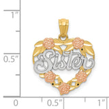 14k Two-Tone Gold Heart Pendant with Rose Gold Flowers and Yellow Gold Leaves, Sister Design