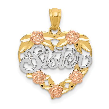 14k Two-Tone Gold Heart Pendant with Rose Gold Flowers and Yellow Gold Leaves, Sister Design