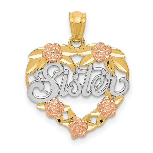 14k Two-Tone Gold Heart Pendant with Rose Gold Flowers and Yellow Gold Leaves, Sister Design