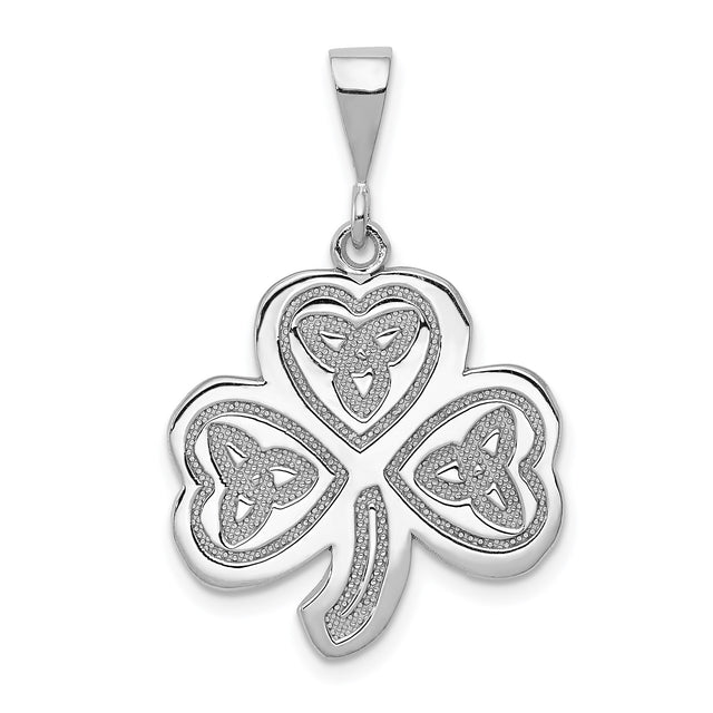 14k White Gold Shamrock Pendant with Trinity Knot Heart Leaves, Irish Heritage Jewelry