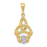 14k Yellow Gold and Rhodium Claddagh Pendant with Celtic Trinity Knot Design for Women
