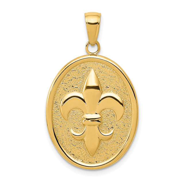14k Yellow Gold Pendant, Raised Fleur-de-Lis on Polished Oval Medallion, French Heritage Charm