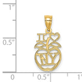 14k Yellow Gold I Love NY Apple Pendant, New York City Heart Charm, Urban Travel Souvenir
