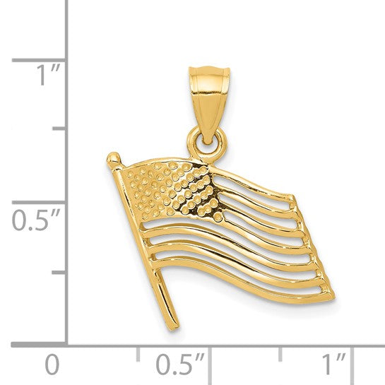 14k Yellow Gold American Flag Pendant with Cutout Waving Flag Design, Patriotic Jewelry for Men and Women