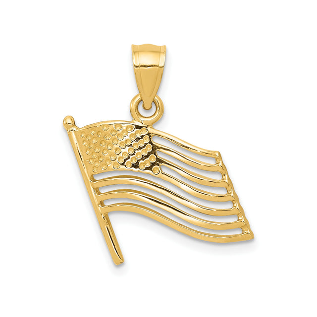 14k Yellow Gold American Flag Pendant with Cutout Waving Flag Design, Patriotic Jewelry for Men and Women
