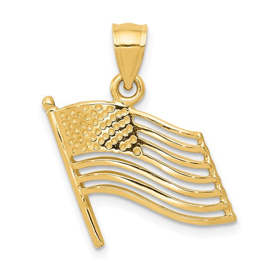 14k Yellow Gold American Flag Pendant with Cutout Waving Flag Design, Patriotic Jewelry for Men and Women