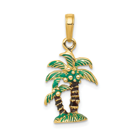 14k Yellow Gold Palm Tree Pendant with Green Enamel Accents, Tropical Vacation Jewelry
