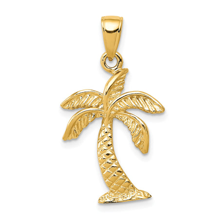 14k Yellow Gold Palm Tree Pendant, Textured Tropical Beach Charm, Island Vacation Jewelry