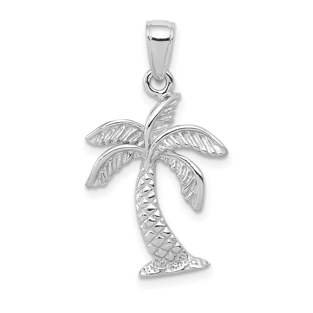 14k White Gold Palm Tree Pendant with Textured Details, Tropical Beach Style Jewelry for Women
