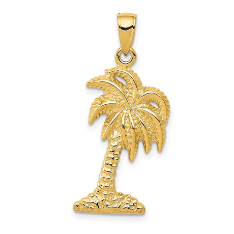 14k Yellow Gold Palm Tree Pendant, Textured Tropical Charm, Nature-Inspired Beach Jewelry