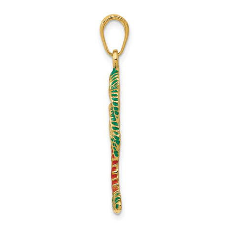 14k Yellow Gold Palm Tree Pendant with Green and Red Enamel, Tropical Beach Charm