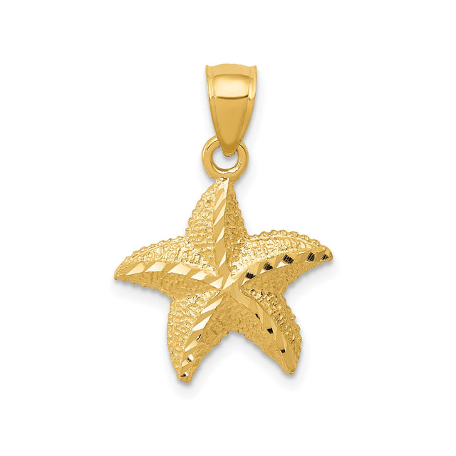 14k Yellow Gold Starfish Pendant, Textured Ocean-Inspired Nautical Charm for Women