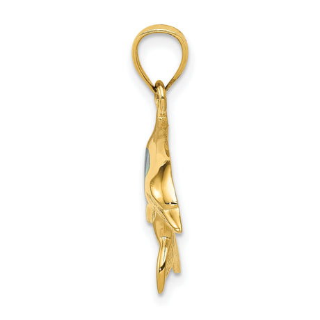 14k Yellow Gold Dolphin Pendant with Blue Green Lab Created Opal, Ocean Theme Jewelry