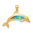 14k Yellow Gold Dolphin Pendant with Blue Green Lab Created Opal, Ocean Theme Jewelry