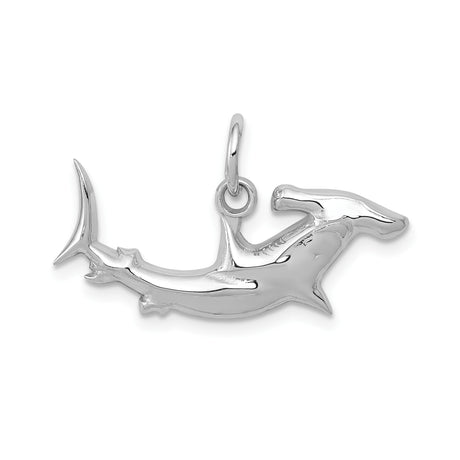 14k White Gold Hammerhead Shark Pendant, Polished Nautical Ocean Charm for Men and Women