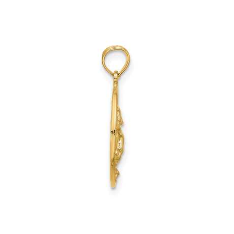 14k Yellow Gold Dolphin Pendant with Two Dolphins and Ocean Wave Circle Design