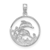 14k White Gold Dolphin Pendant with Ocean Wave Design, Marine Life Charm