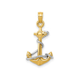 14k Two-Tone Gold Anchor Pendant with Rhodium Rope Detail, Nautical Religious Charm
