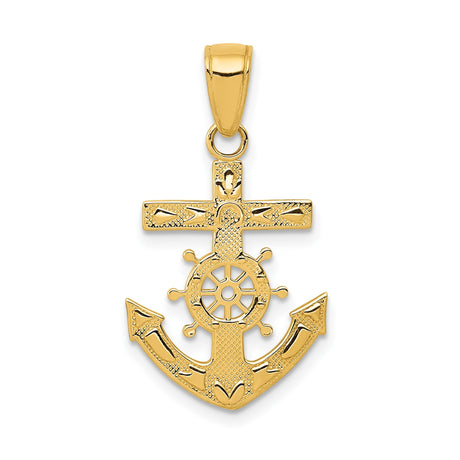 14k Yellow Gold Anchor Cross Pendant with Ship Wheel, Nautical Mariner Symbol for Men and Women