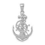 14k White Gold Anchor Pendant with Ship Wheel and Rope Detail, Nautical Charm for Men or Unisex