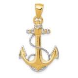 14k Multi-Tone Gold Anchor Pendant with Rope Design, Nautical Christian Symbol for Men