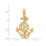 14k Yellow Gold Anchor Pendant with Ship Wheel and Rope Nautical Design