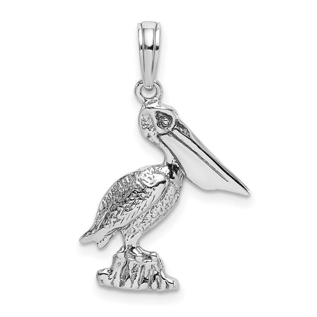 14k White Gold Pelican Pendant Featuring Detailed Bird on Rock, Nature and Wildlife Theme
