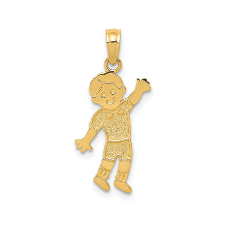 14k Yellow Gold Boy Charm Pendant with Textured Clothing and Raised Hand Design