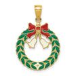 14k Yellow Gold Christmas Wreath Pendant with Red Bow and White Bells
