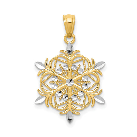 14k Multi-Tone Gold Snowflake Pendant with Rhodium Detailing and Filigree Design