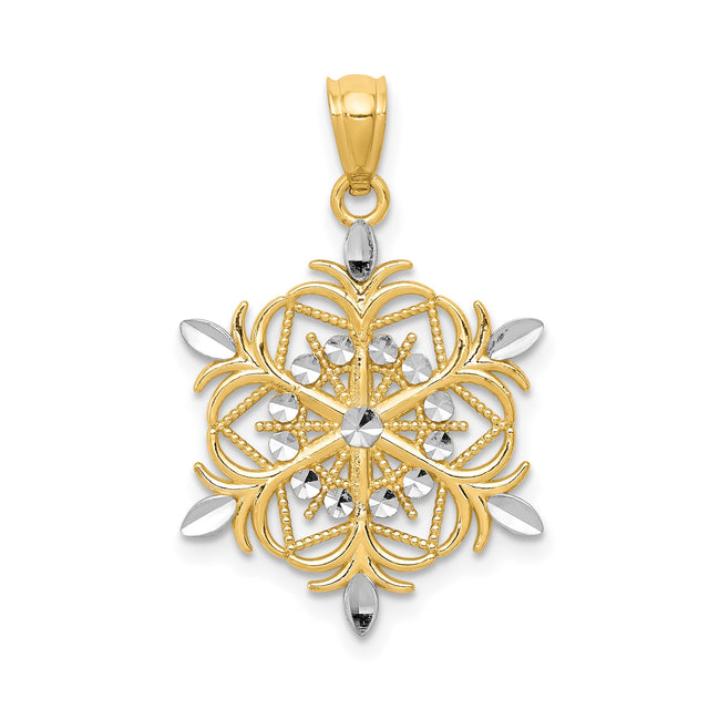 14k Multi-Tone Gold Snowflake Pendant with Rhodium Detailing and Filigree Design