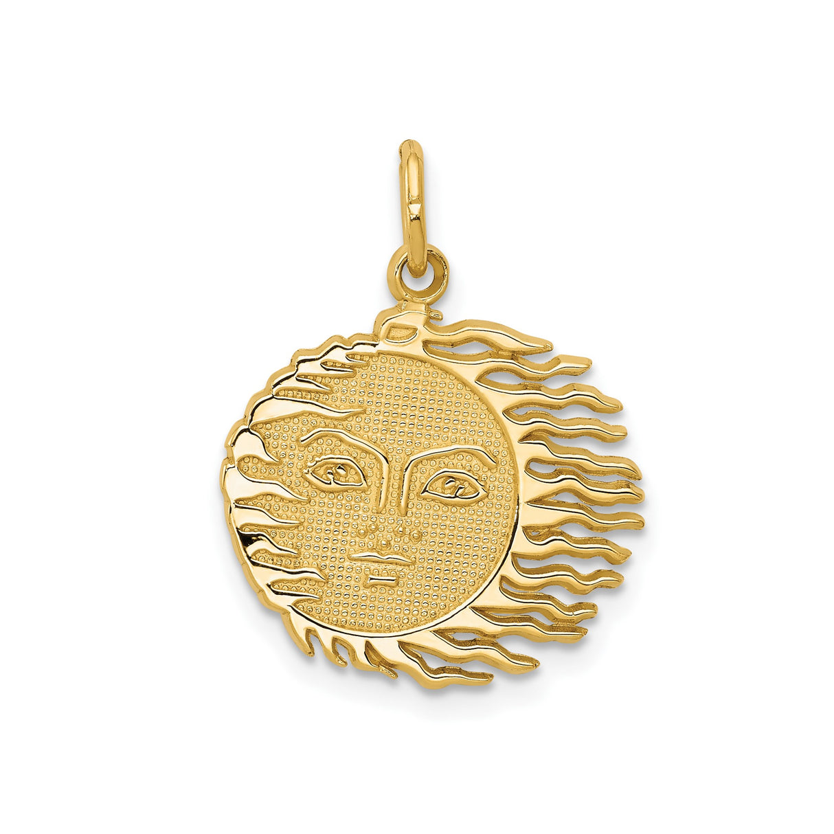 14k Yellow Gold Sun Face Pendant, Flowing Rays Celestial Design, Boho Spiritual Charm