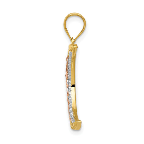 14k Multi-Tone Gold Crescent Moon Pendant with Textured Diamond Cut Finish, Celestial Boho Jewelry for Women